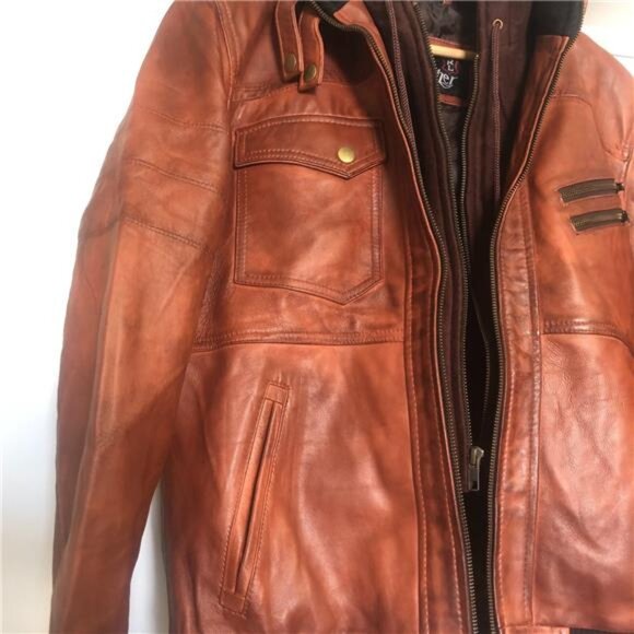 Men's Real Leather Brown Moto Bomber Jacket with Hood- Sizes XS, S - Picture 4 of 7
